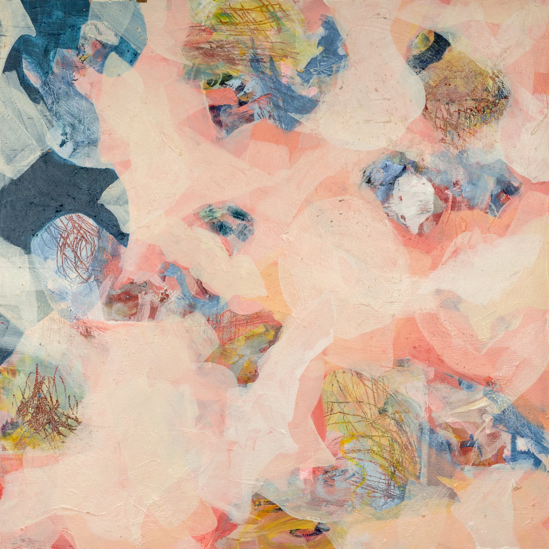 Abstract composition of pale blush planes broken by deep blue shapes