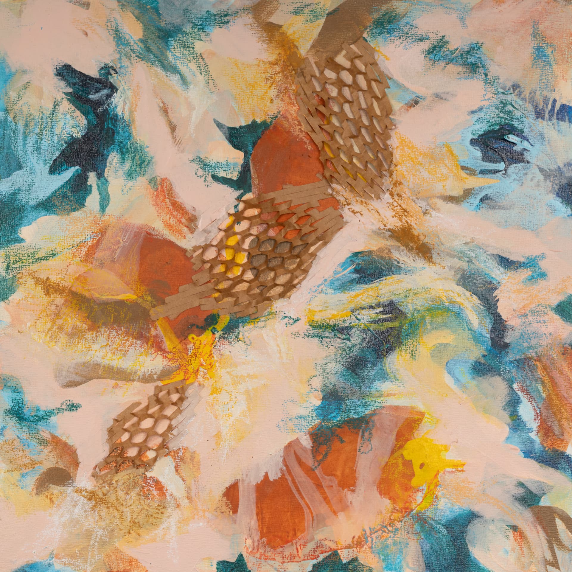 Abstract work in blush, turquoise and rust with woven paper ribbons