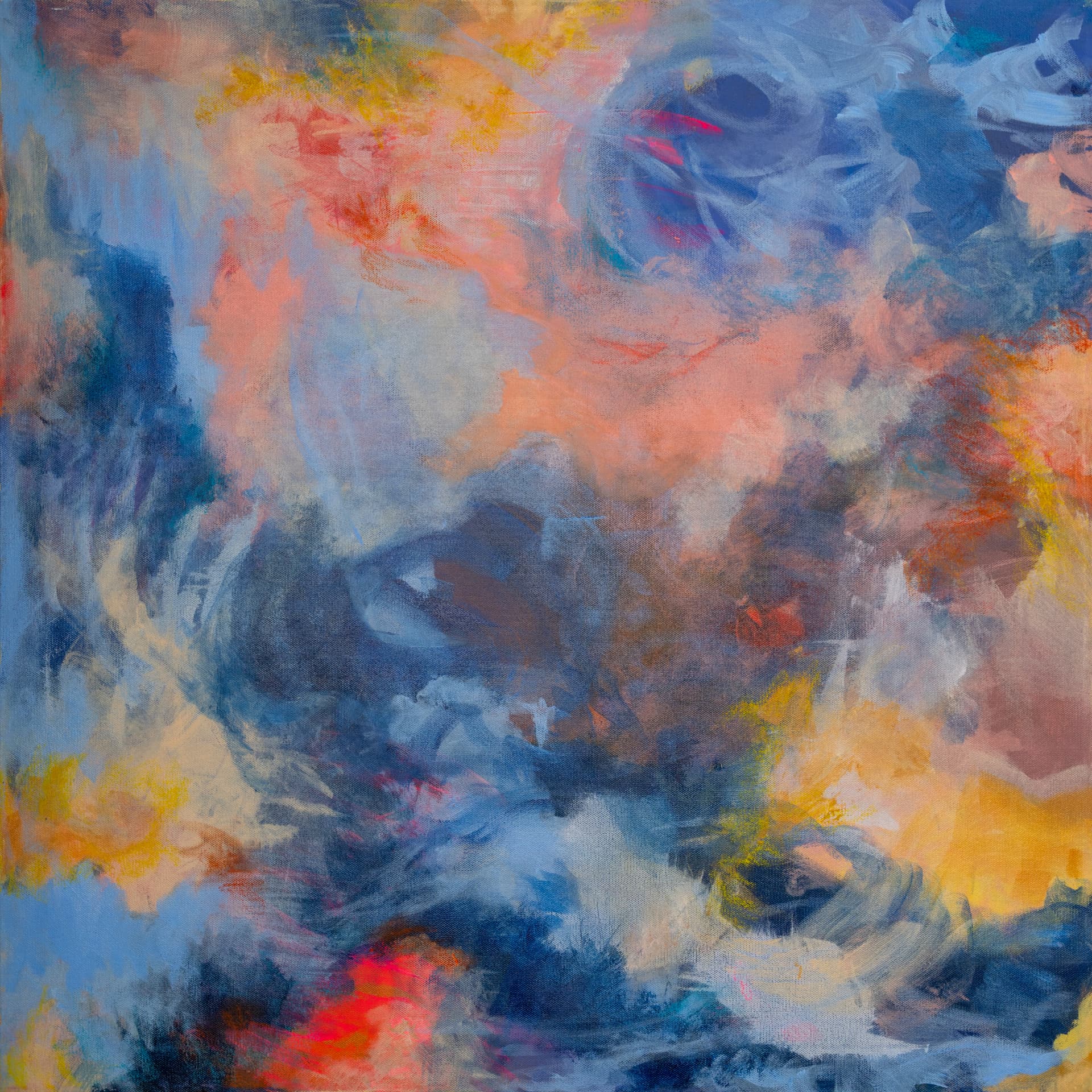 Abstract sea and sky in blue with coral and yellow flares