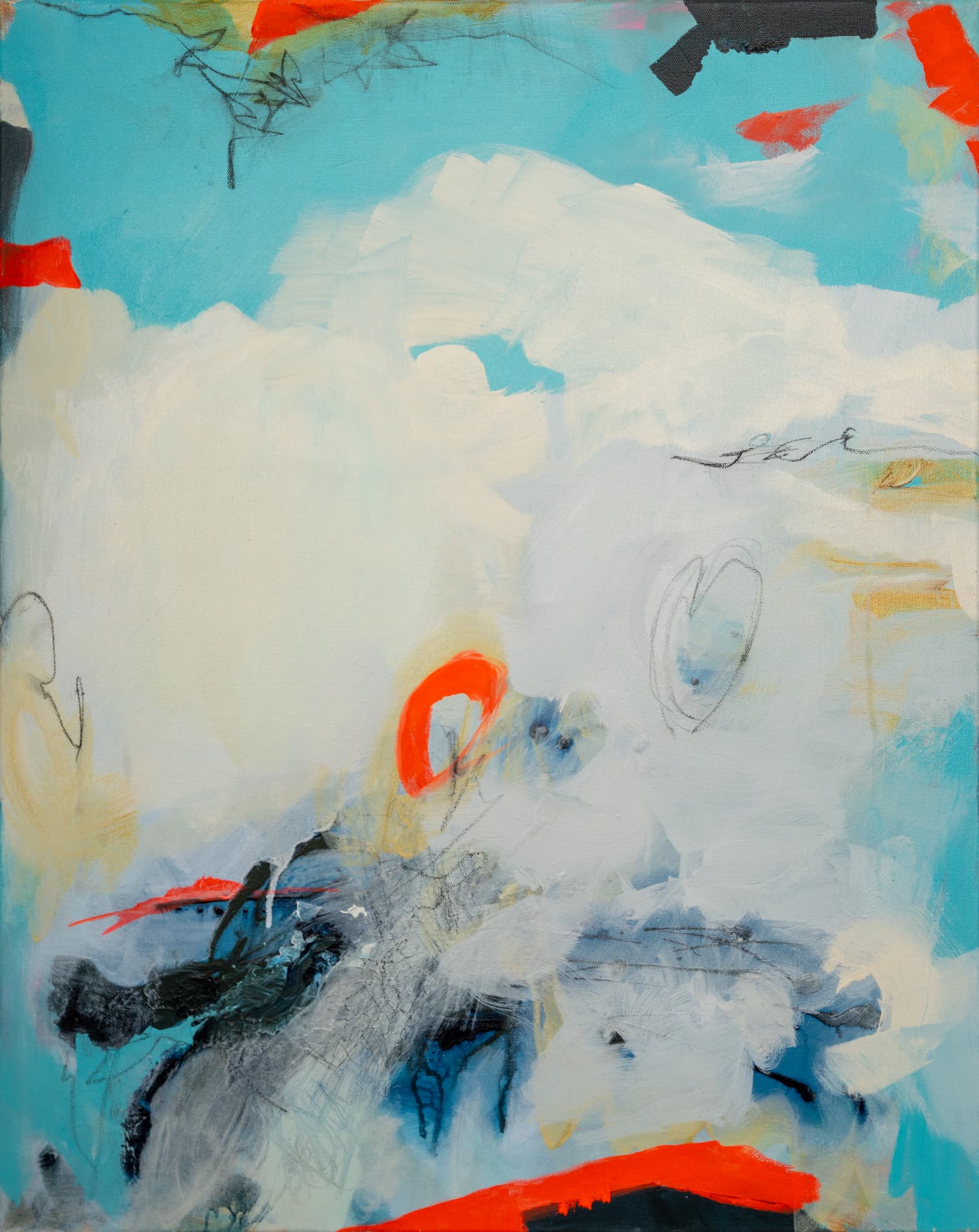Abstract turquoise sky with white clouds and vermilion marks