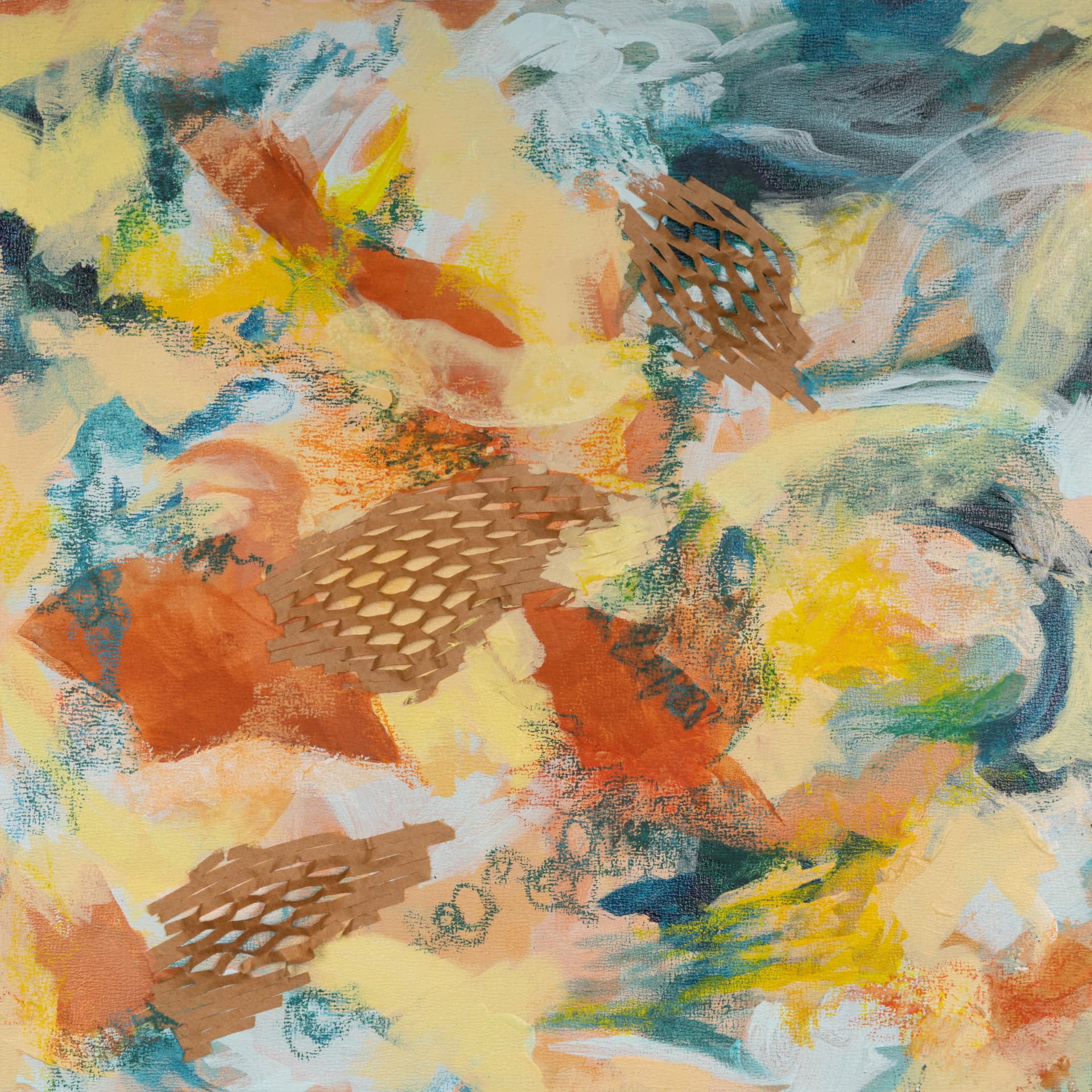 Abstract composition in saffron yellow, orange and blue with woven textures