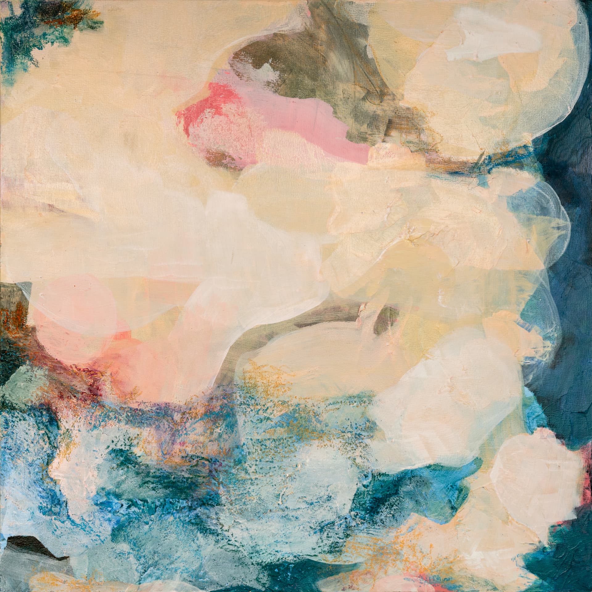 Abstract painting of cream light meeting teal water
