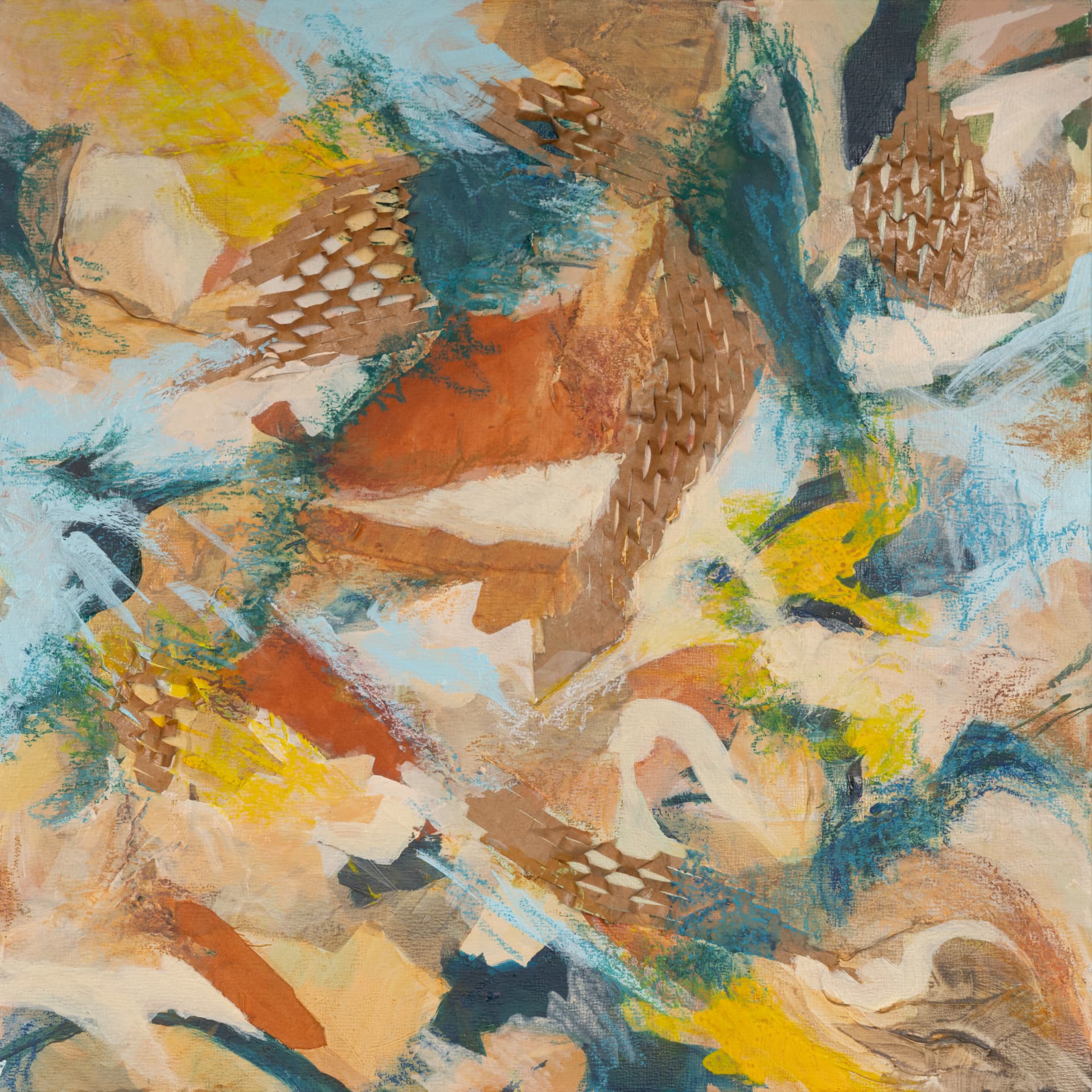 Abstract work in ochre, teal and cream with woven paper textures