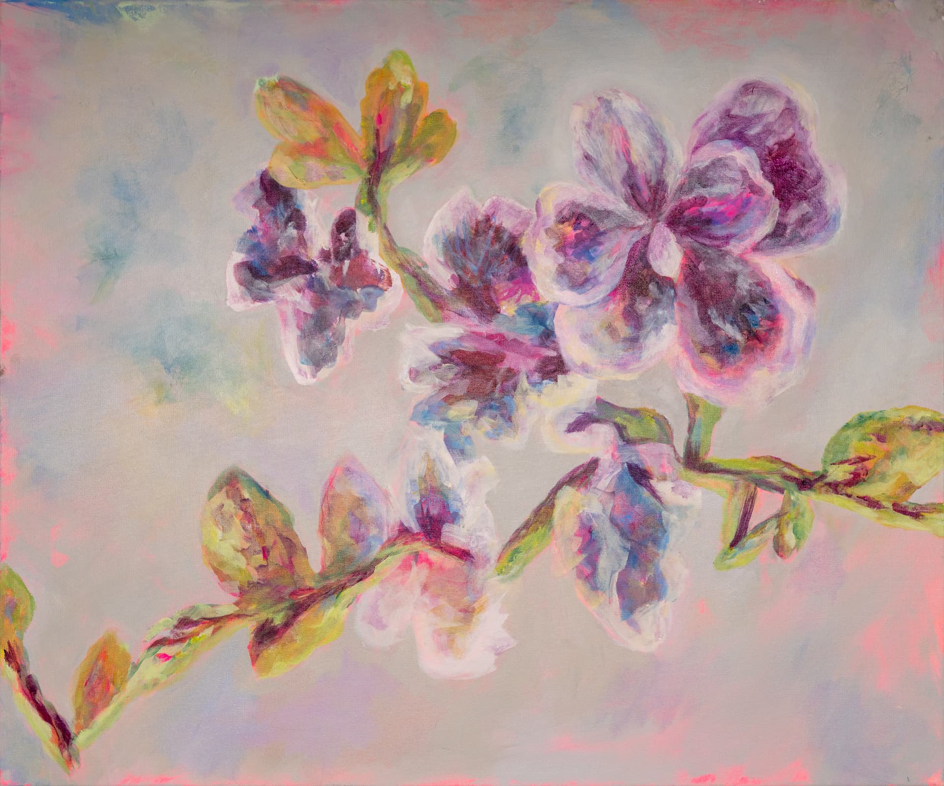Painted orchid branch in violet and green on a soft pearl ground