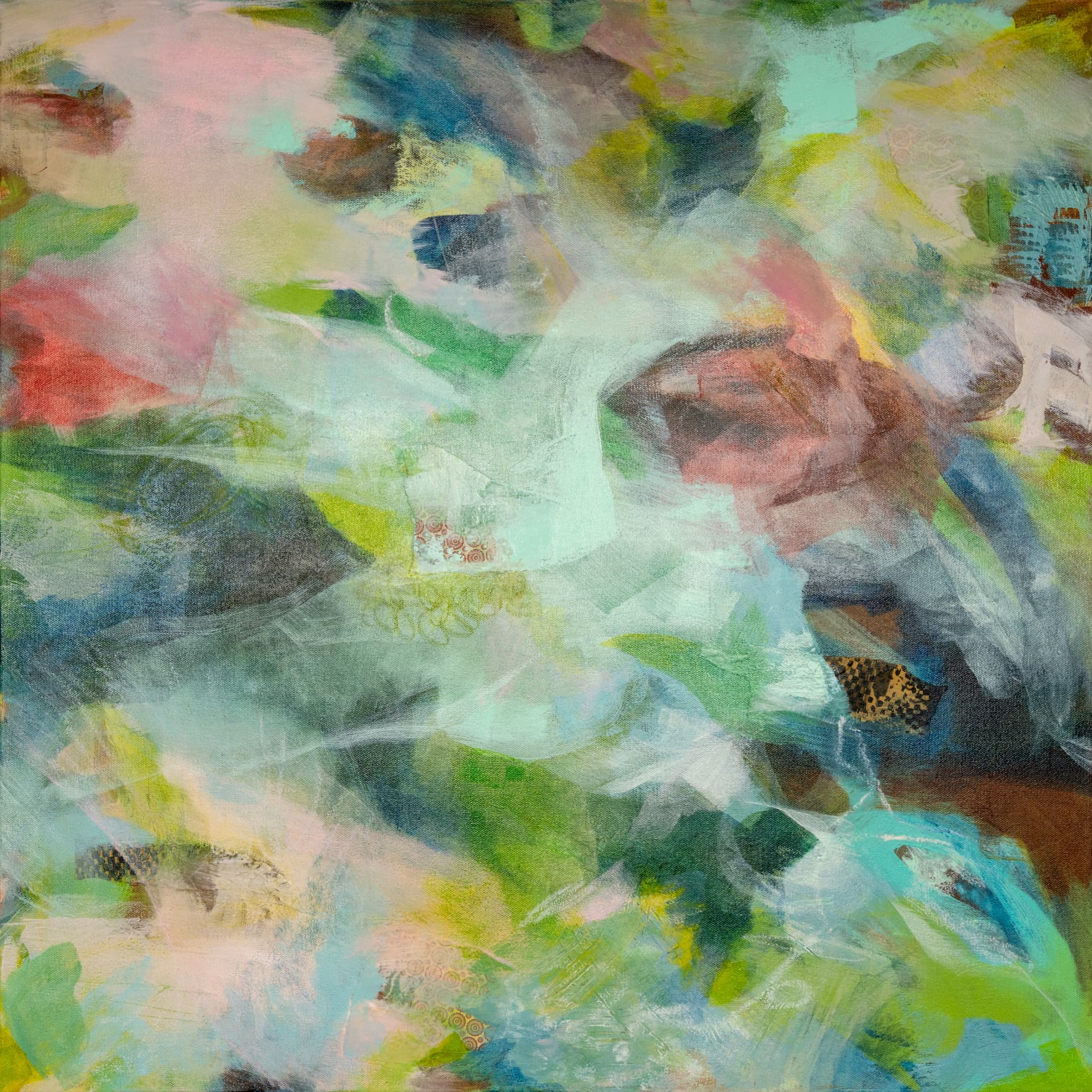 Abstract veils of mint, rose and green with collaged paper