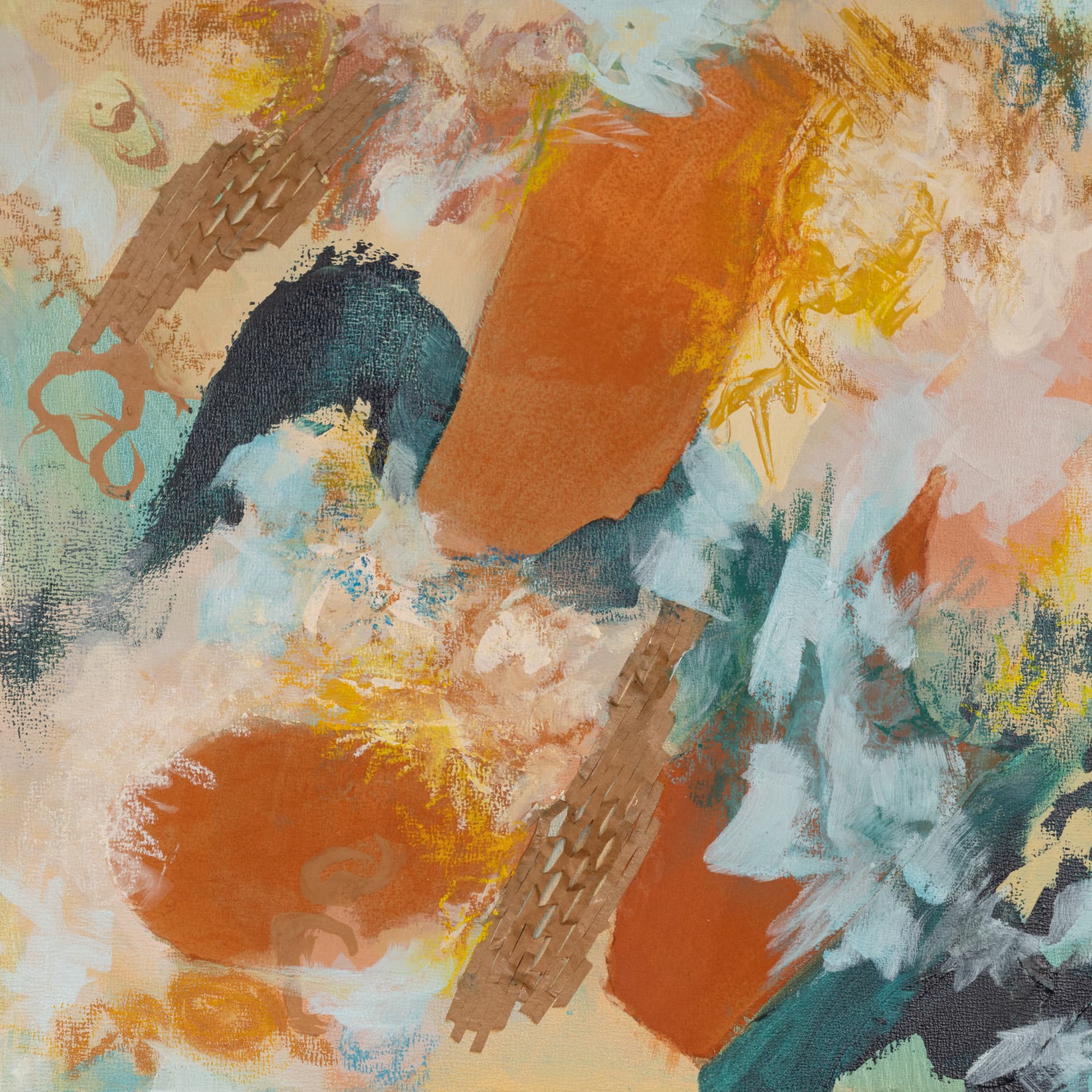 Abstract composition in terracotta, teal and cream with woven paper elements