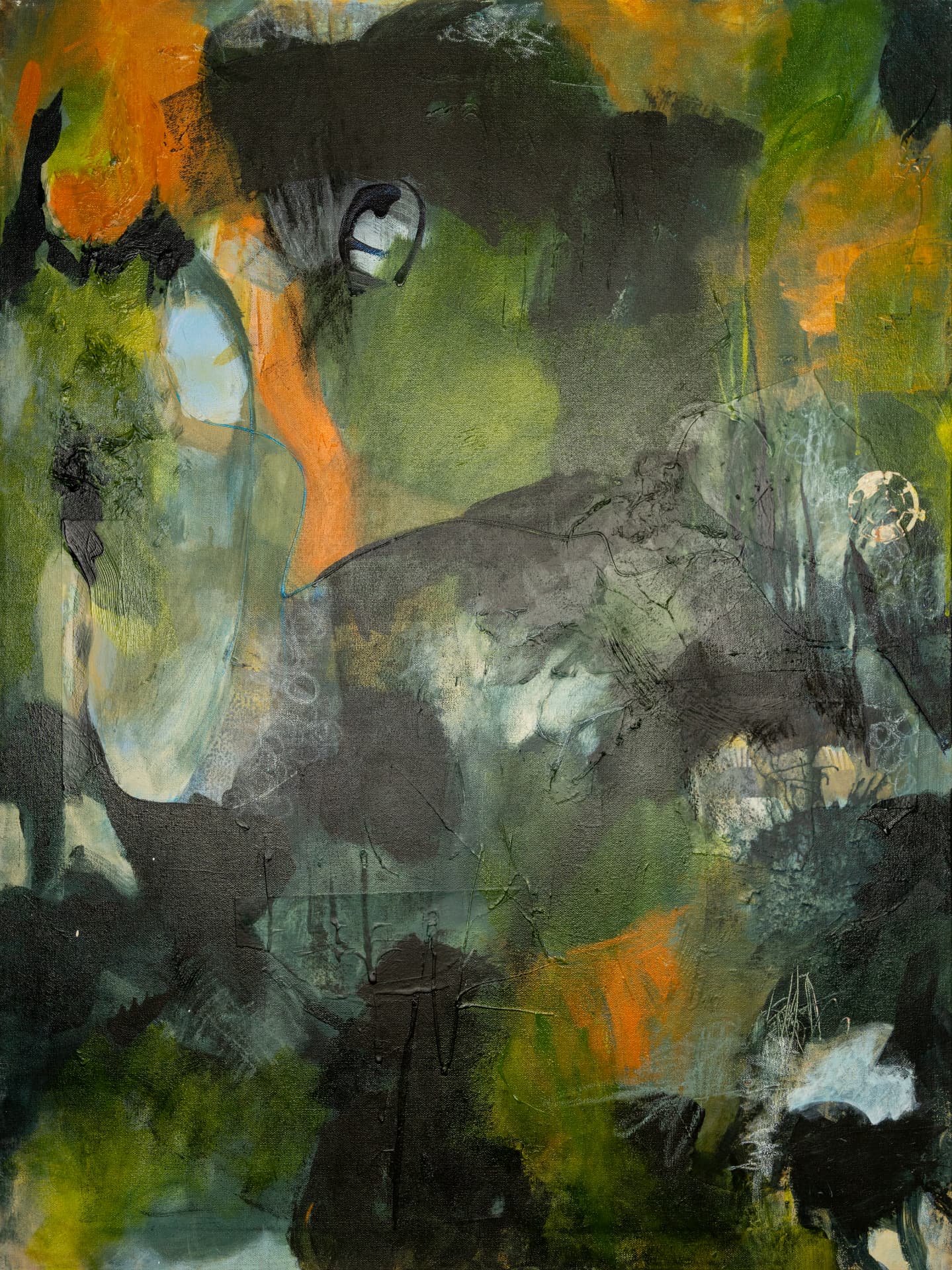 Abstract forest in olive and charcoal with orange flares