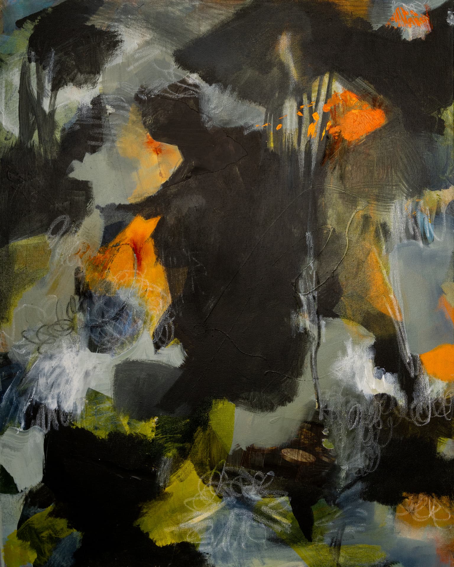 Dark abstract canopy in charcoal and olive with glowing orange embers