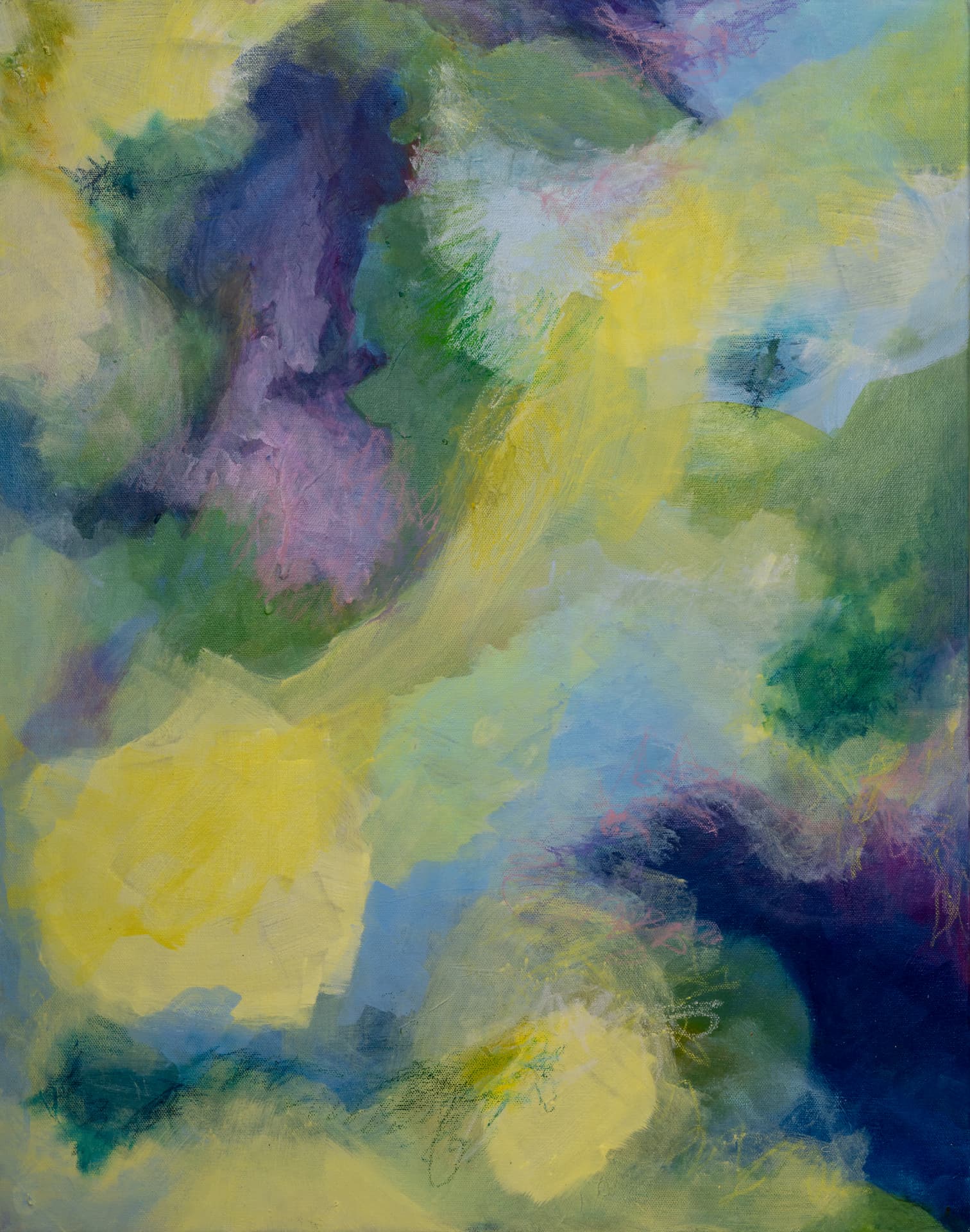 Abstract field of yellow, green and violet brushwork