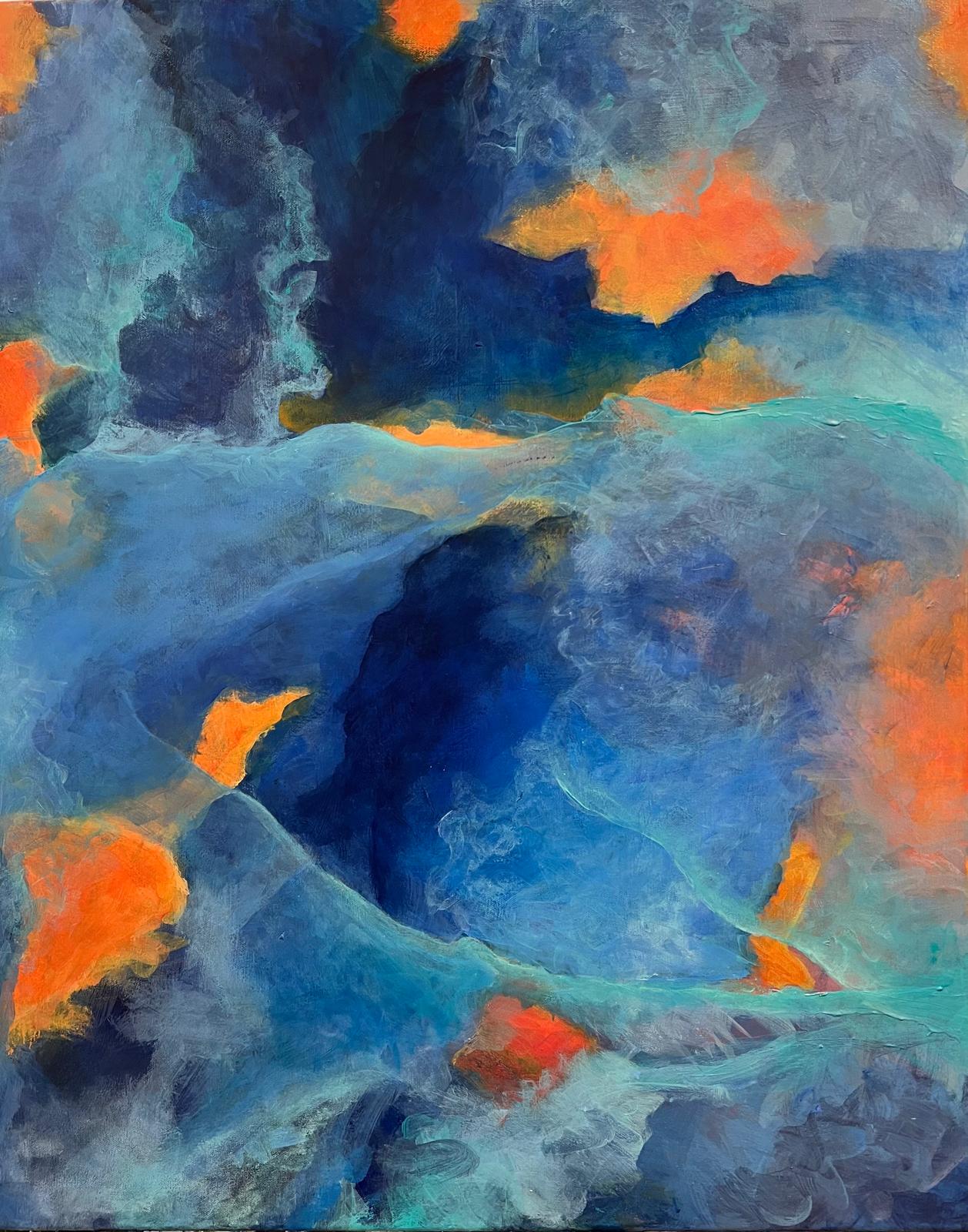 Abstract blue seascape with orange clouds of light