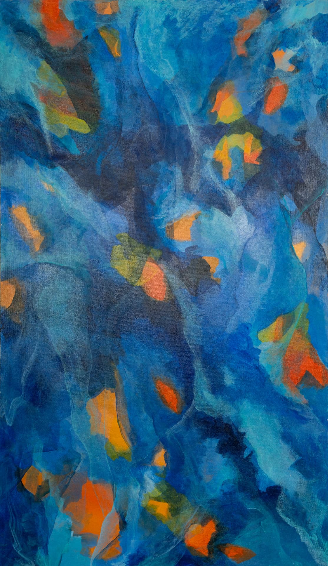 Deep blue abstract with amber and orange lights suspended within