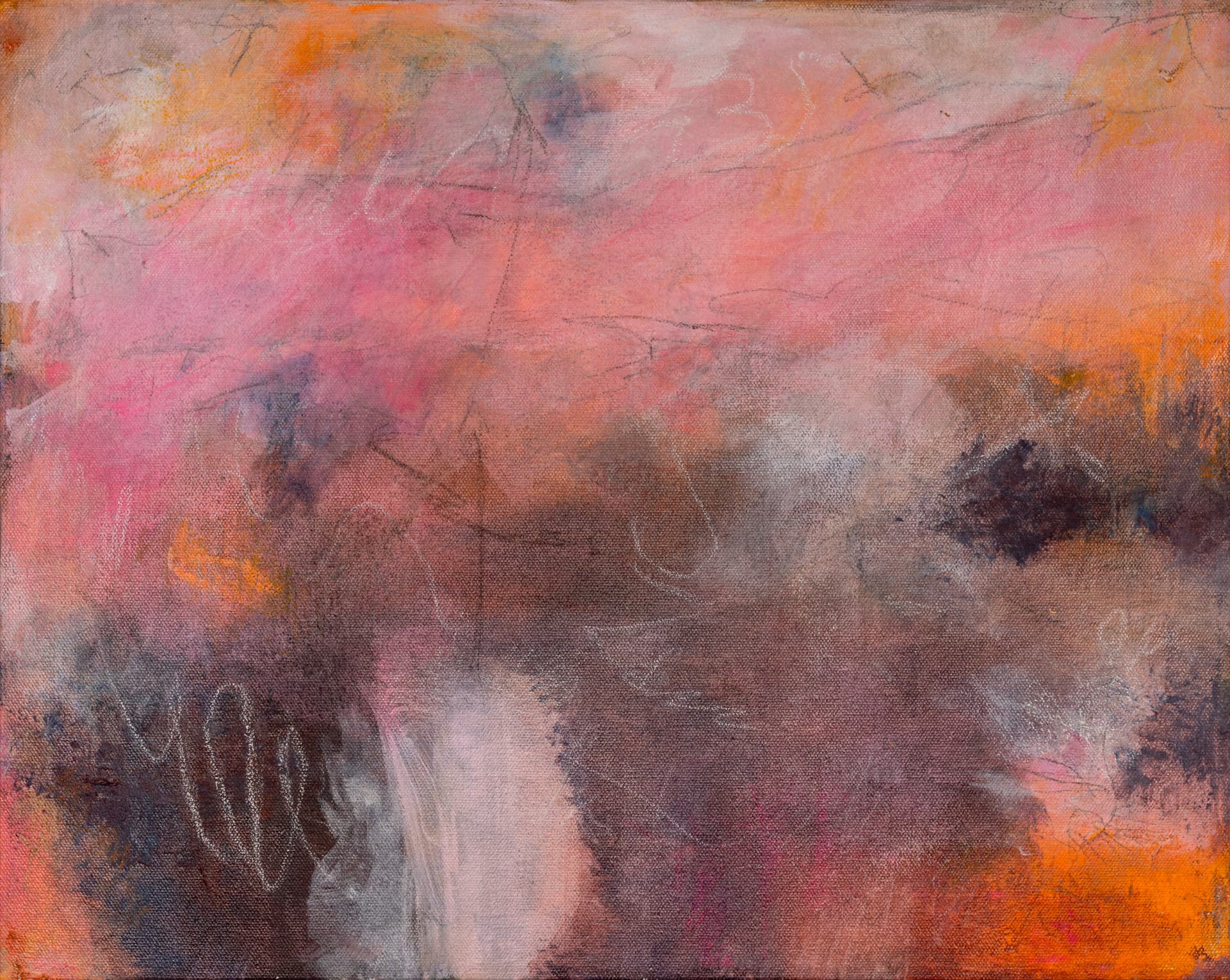 Detail of an abstract silk work in warm rose and orange light